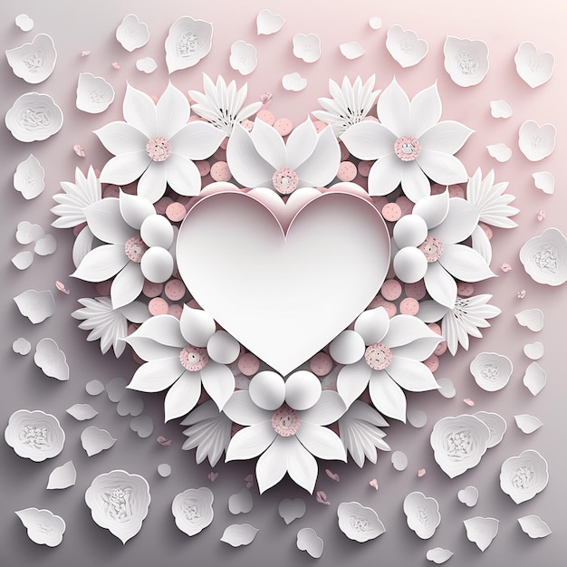 Coeur en papier blanc avec des décorations florales Fond de fleur d'artisanat en papier coloré à la main Fond de fleur d'origami Cadre de la Saint-Valentin Cadre de la fête des mères