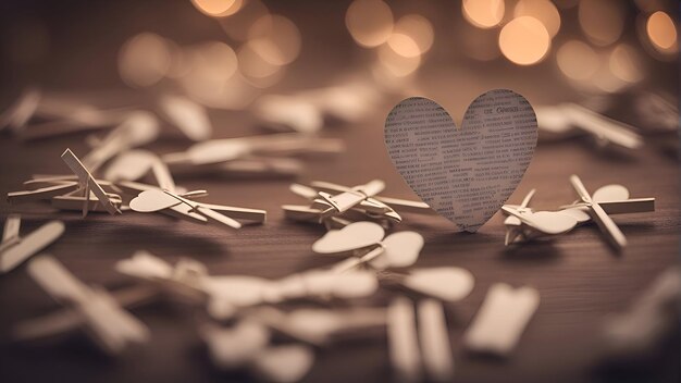 Photo cœur en papier et pinces à linge sur fond en bois concept de la saint-valentin