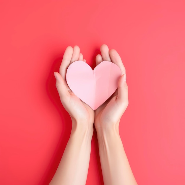 Un coeur en papier rose est tenu dans les mains de quelqu'un.