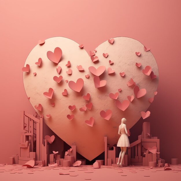 Un cœur en papier rose avec une femme debout devant.