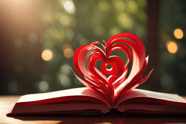 Un cœur de papier rouge sur un livre ouvert sur un fond flou
