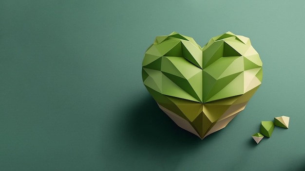 Un coeur de papier vert et blanc avec le mot amour dessus.