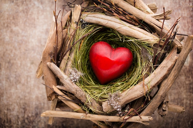 Coeur de Pâques dans le nid sur fond de bois rustique