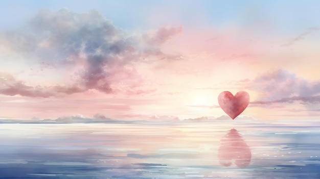 Photo un cœur peint à l'aquarelle à la dérive sur une surface océanique sereine avec une ligne de battement de cœur dessinée au crayon se confondant dans un horizon nuageux.