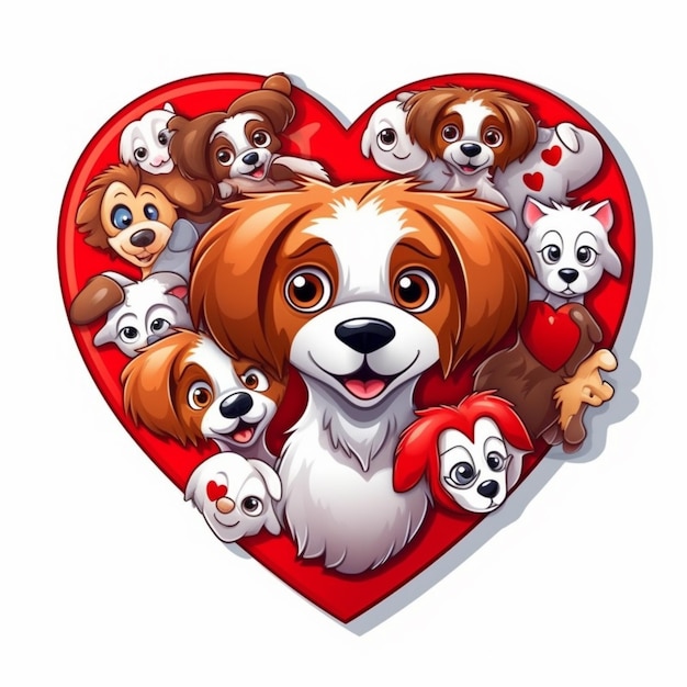 Un coeur avec une photo d'un chien et un groupe de chiots