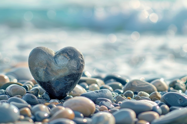 Le cœur de pierre sur la plage de cailloux L'eau de l'océan brillante Le rivage rocheux Le symbole de l'amour L'été Le cœur de caillou