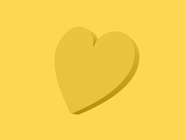 Coeur plat Jaune une couleur Symbole de l'amour Sur un fond jaune uni Vue de dessous rendu 3d