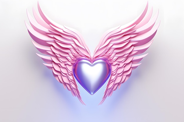 Cœur rose avec des ailes d'Ange Cupidon isolées sur un fond rose Rencontre amoureuse IA