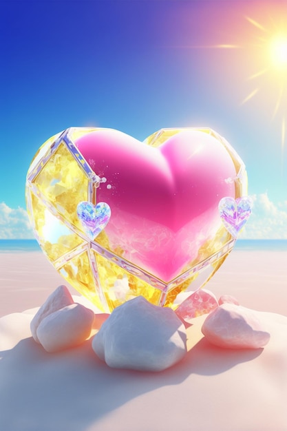Coeur rose assis au sommet d'une plage de sable Generative Ai