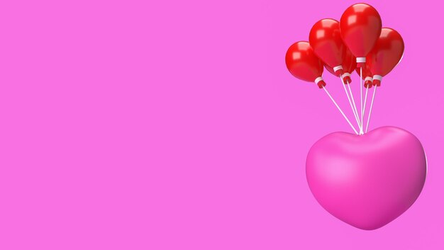 Le coeur rose et le ballon rouge pour le rendu 3d du concept de la Saint-Valentin