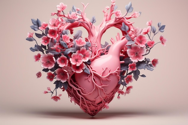 Un coeur rose avec des fleurs et des feuilles sur fond rose AI
