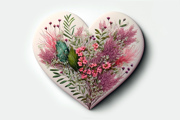 Coeur rose réaliste avec des fleurs sauvages pour la saint valentin isolé sur la lumière AI générative