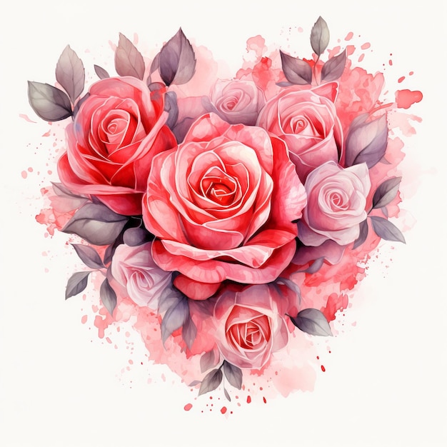 un cœur avec des roses roses et des feuilles en rose et rose