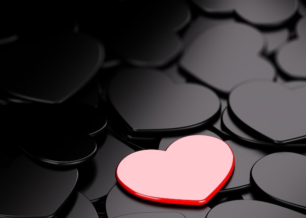 Un coeur rouge brillant sur fond de coeurs noirs, image horizontale.