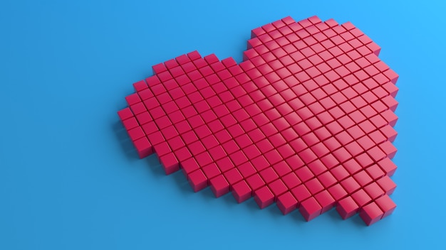 Coeur rouge brisé de cubes sur mur bleu