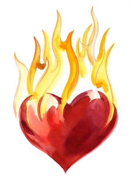 Coeur rouge brûlant. Dessin à l'encre et à l'aquarelle