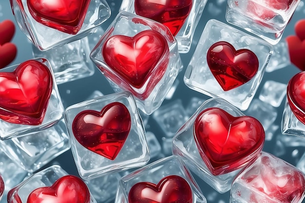 Cœur rouge sur des cubes de glace Arrière-plan de la fête de la Saint-Valentin Concept d'amour généré par l'IA