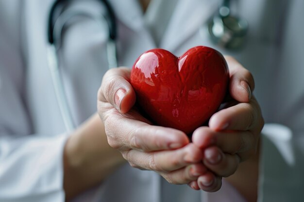 Un cœur rouge dans la main d'un médecin