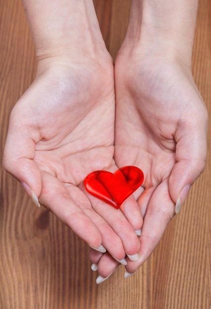 Un coeur rouge dans les mains des femmes