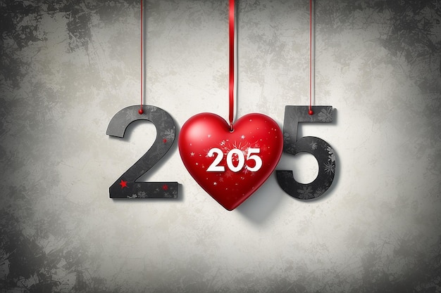 Cœur rouge avec décoration de numéro 2025 suspendu sur le fond grunge du mur Concept de bonne année