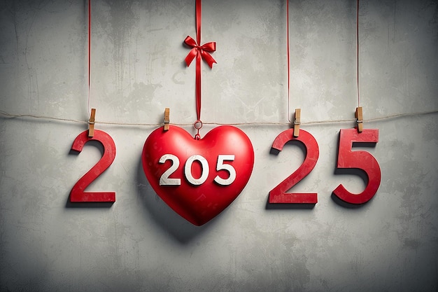 Cœur rouge avec décoration de numéro 2025 suspendu sur le fond grunge du mur Concept de bonne année