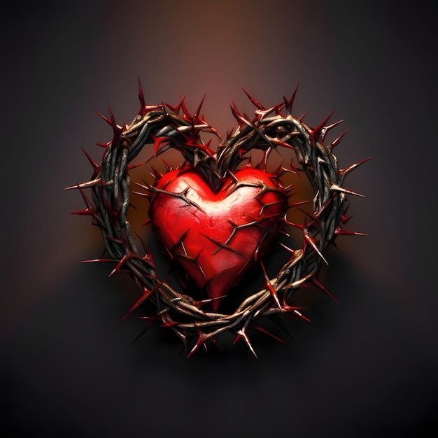 Cœur rouge entrelacé avec une couronne d'épines sur un fond sombre Cœur comme symbole d'affection et d'amour