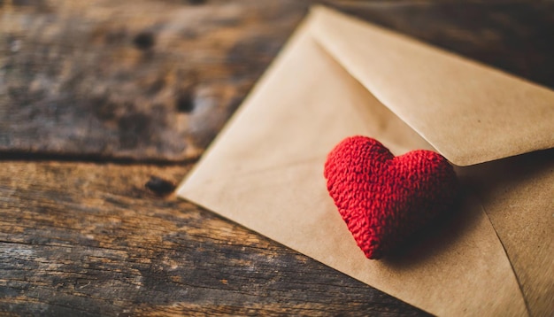 Cœur rouge et enveloppe sur une table vintage transmettant un message d'amour pour la Saint-Valentin