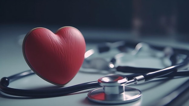 Un coeur rouge est posé sur un stéthoscope à côté d'un stéthoscope.