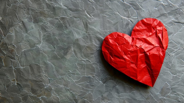 un cœur rouge est sur une surface grise avec un tissu rouge