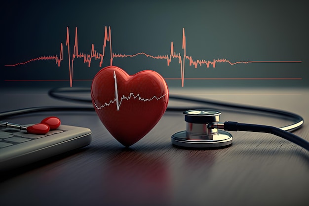 Un coeur rouge est sur une table avec un stéthoscope et un stéthoscope en arrière-plan.