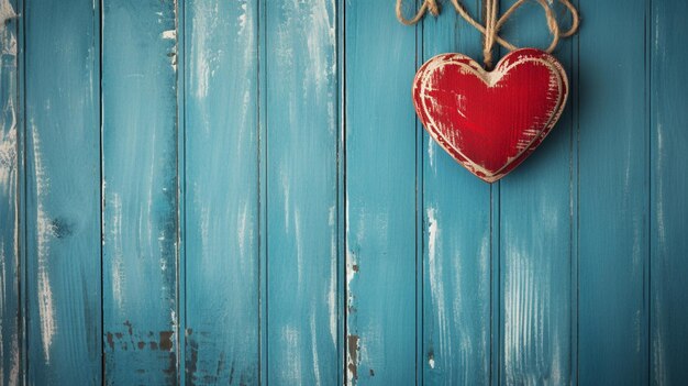 cœur rouge sur un fond en bois bleu jour de la Saint-Valentin