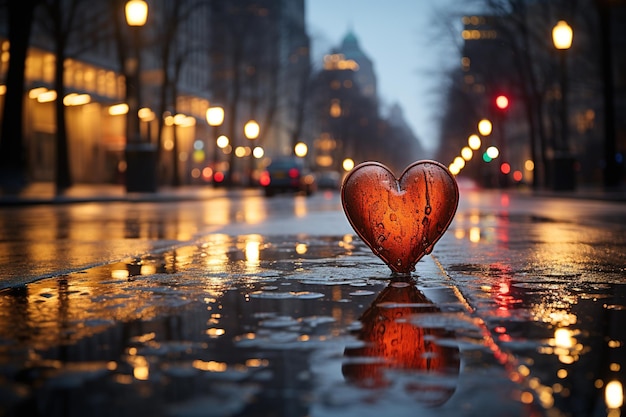 Un cœur rouge illuminé dans la rue un jour de pluie la Saint-Valentin