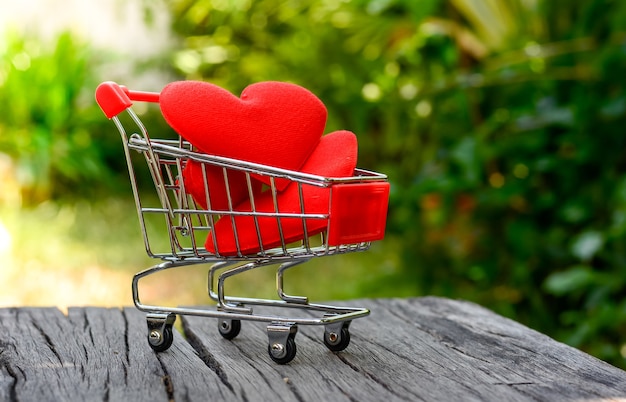 Coeur rouge en mini panier sur bois