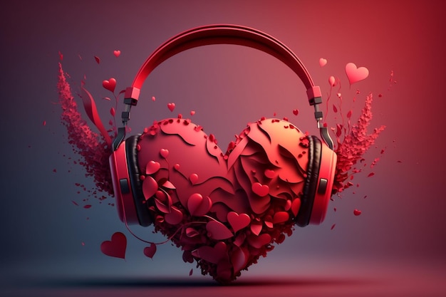 Un coeur rouge avec une paire d'écouteurs et un fond rouge.