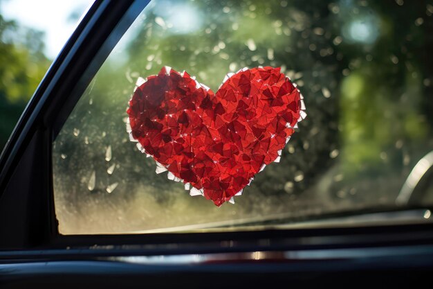 Coeur rouge en papier sur le pare-brise de la voiture sous le pinceau IA générative