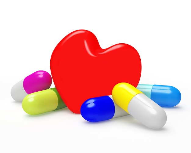 Coeur rouge et pilules colorées