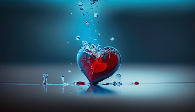 Coeur rouge reposant sur le sol avec des éclaboussures de sang et d'eau sur un fond bleu flou