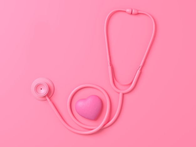 Coeur rouge avec stéthoscope sur fond de table rose pastel illustration de rendu 3d