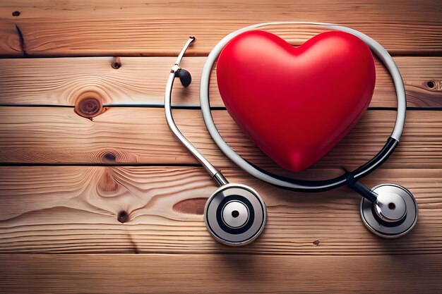 Un coeur rouge avec un stéthoscope sur une table en bois