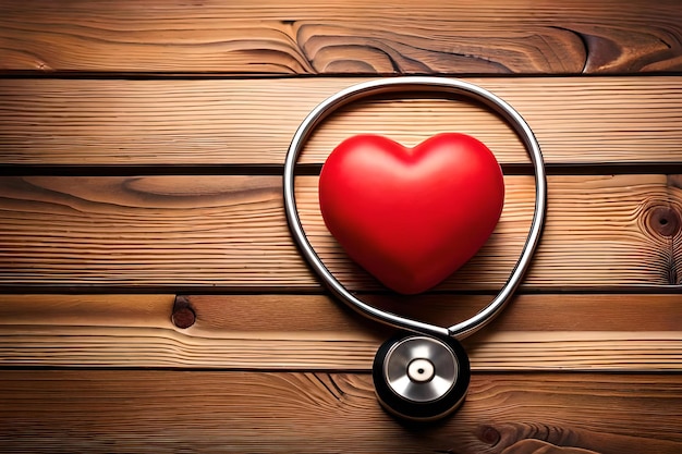 Photo un coeur rouge avec un stéthoscope sur une table en bois