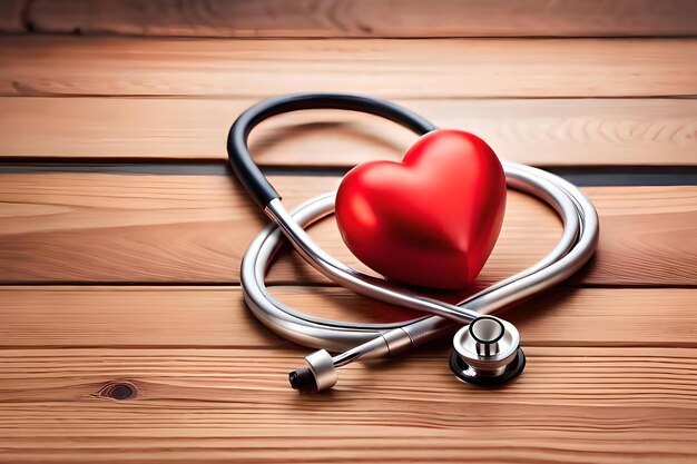 Un coeur rouge avec un stéthoscope sur une table en bois