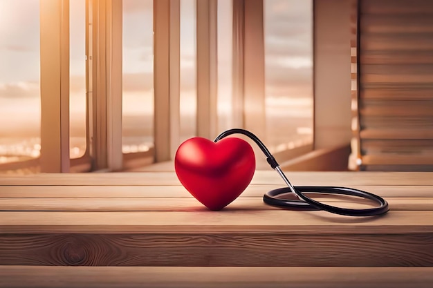 Un coeur rouge avec un stéthoscope sur une table en bois.