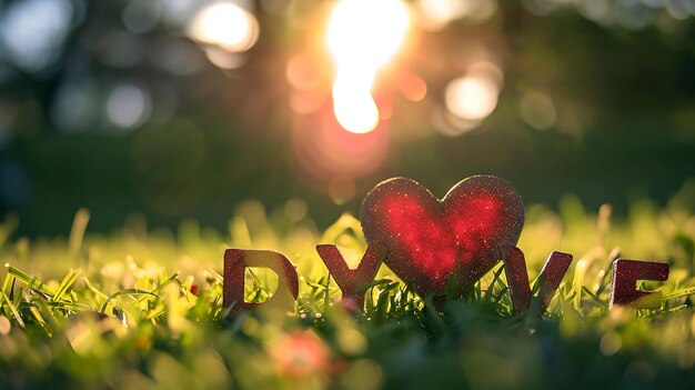 Photo un cœur rouge et un texte d'amour sur un champ d'herbe verte avec la lumière du soleil floue en arrière-plan