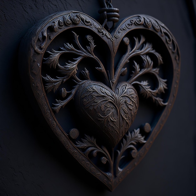 Un cœur rustique fabriqué à partir de bois patiné et orné de sculptures complexes rendues dans une ambiance chaleureuse.