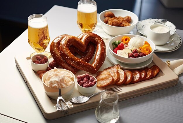 un coeur avec une saucisse bavaroise et des bretzels et une bière est sur une table d'autres plats