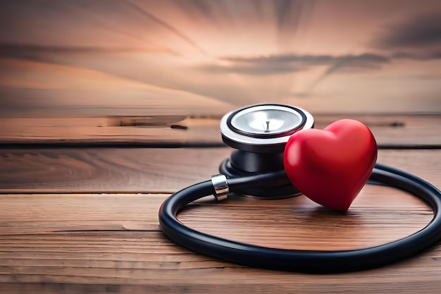 Un coeur et un stéthoscope sur une table en bois