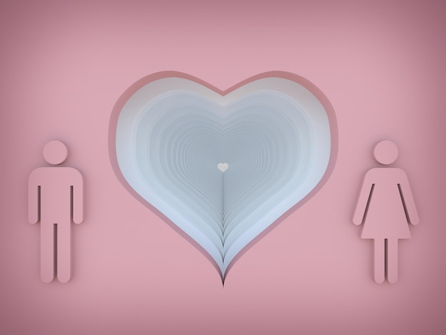 Coeur avec symbole masculin et féminin sur fond rose rendu 3d