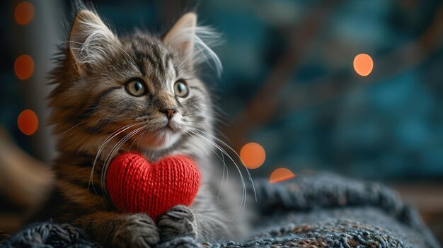 Un cœur tricoté rouge dans les pattes d'un chat une carte postale avec un chat moelleux gris et noir