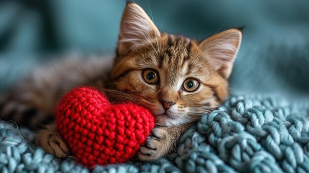 Photo un cœur tricoté rouge dans les pattes d'un chat une carte postale avec un chat moelleux gris et noir