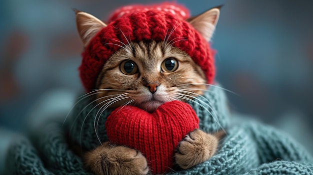 Photo un cœur tricoté rouge dans les pattes d'un chat une carte postale avec un chat moelleux gris et noir